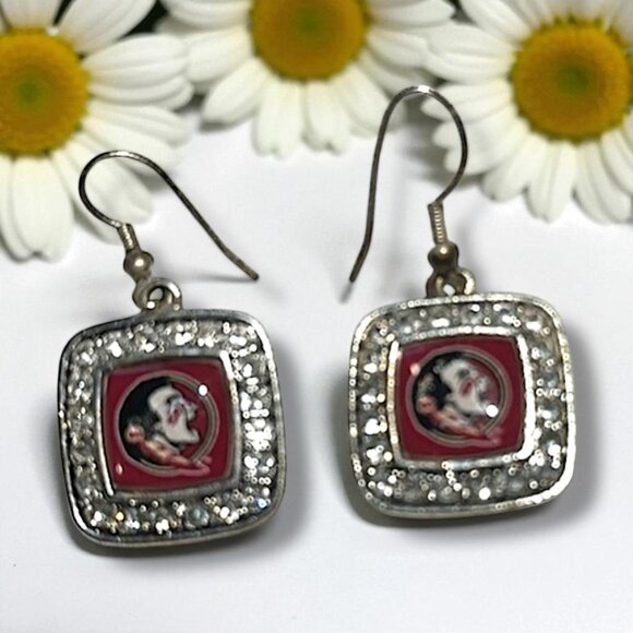 FSU Garnet & Silver Dangle Earrings CZ Seminole Logo Jewelry Florida State - Picture 1 of 7